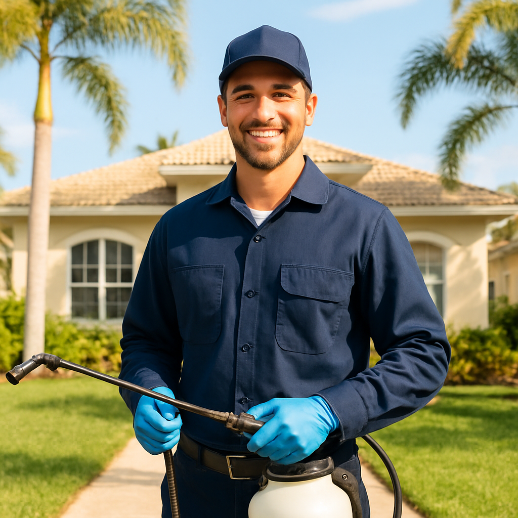A friendly Trigger Pest Control technician in front of a South Florida home